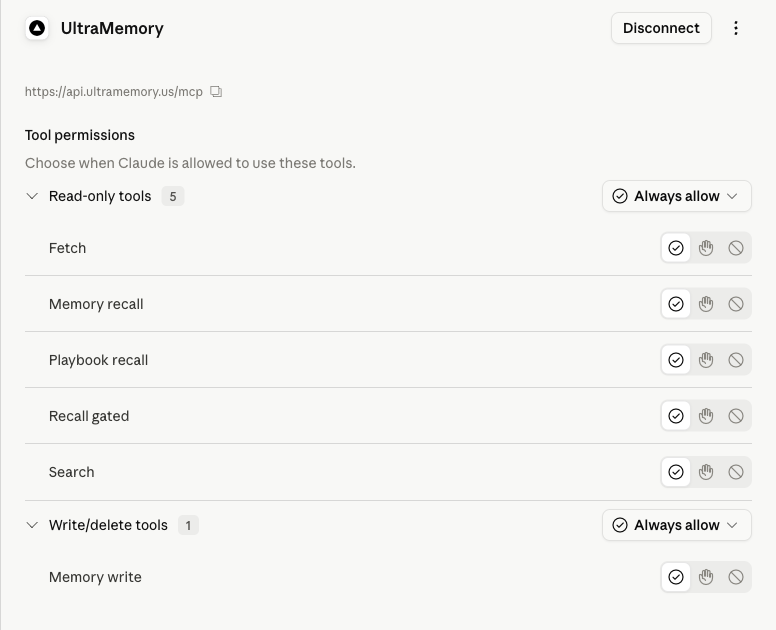 UltraMemory connector tools set to Always allow